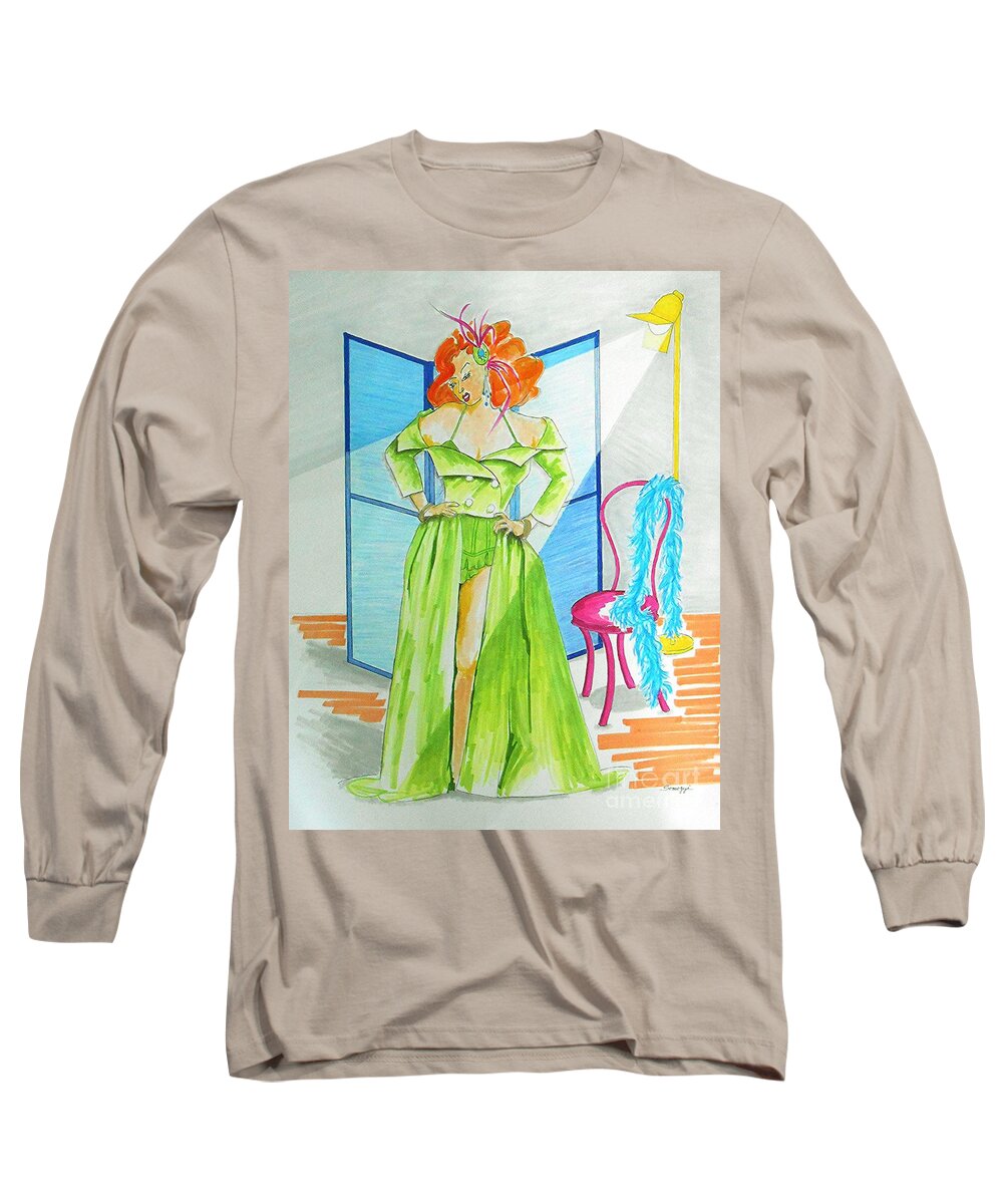 Burlesque Long Sleeve T-Shirt featuring the drawing Burly-Que Babe -- Portrait of Burlesque Dancer by Jayne Somogy