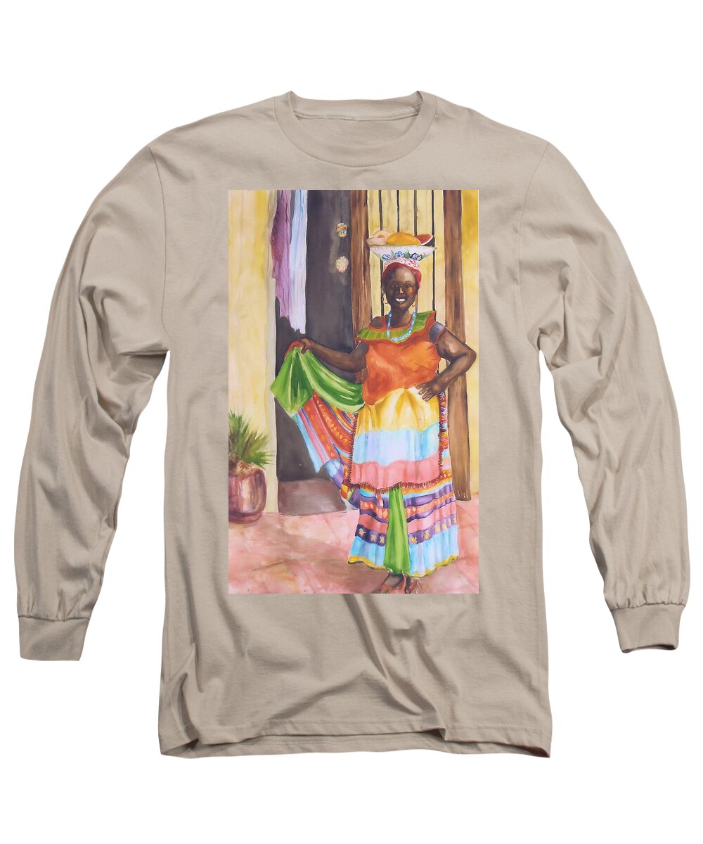 Dressed In Her Traditional Costume This Fruit Seller Is Very Colorful. Columbia Long Sleeve T-Shirt featuring the painting Cartegena Woman by Charme Curtin