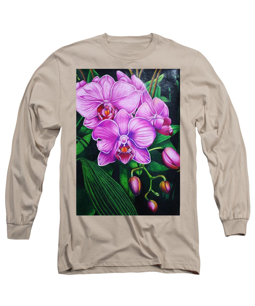 Flora Long Sleeve T-Shirt featuring the drawing Cascading Orchids by Bruce Bley
