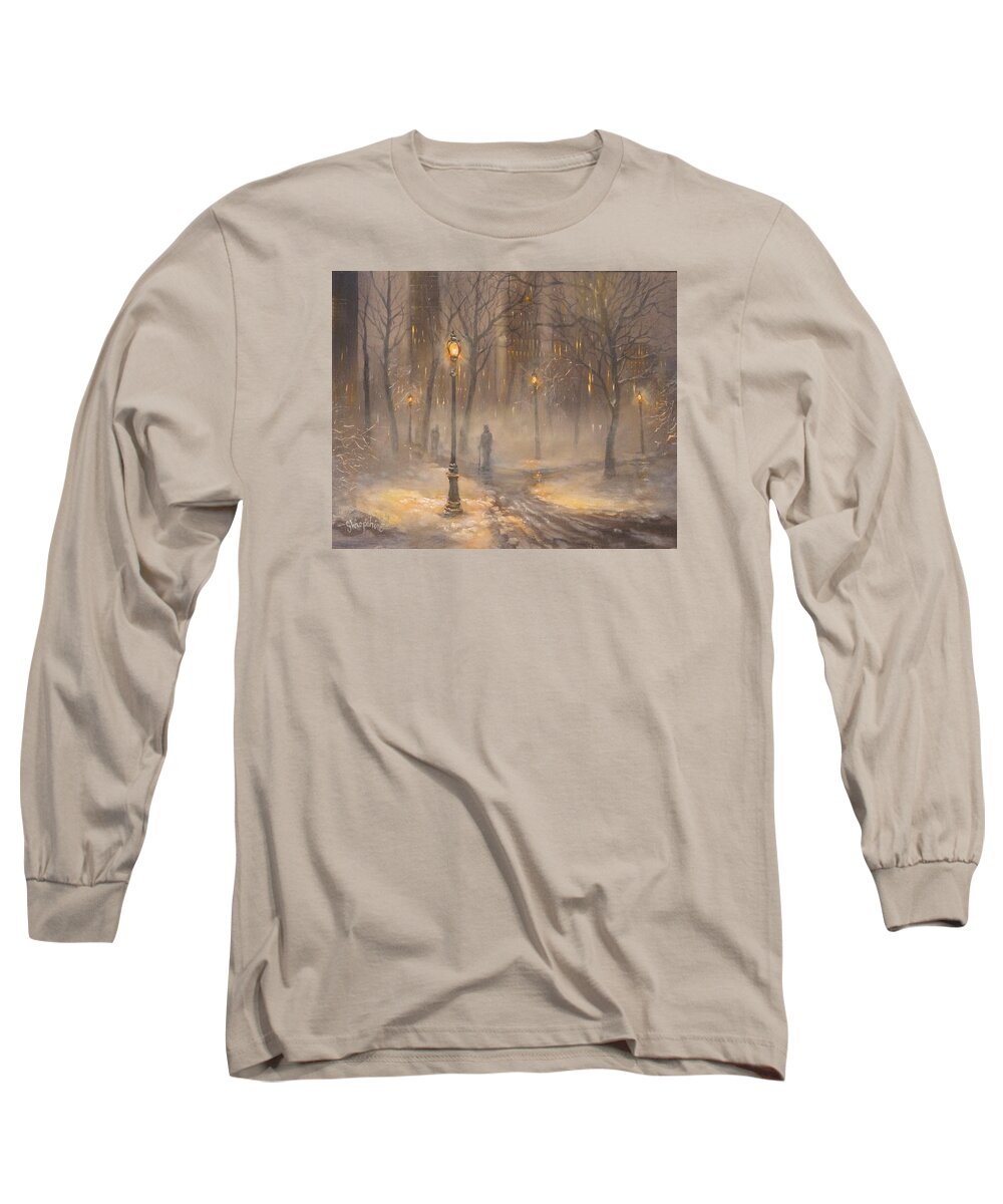 New York Long Sleeve T-Shirt featuring the painting Central Park After Dark by Tom Shropshire