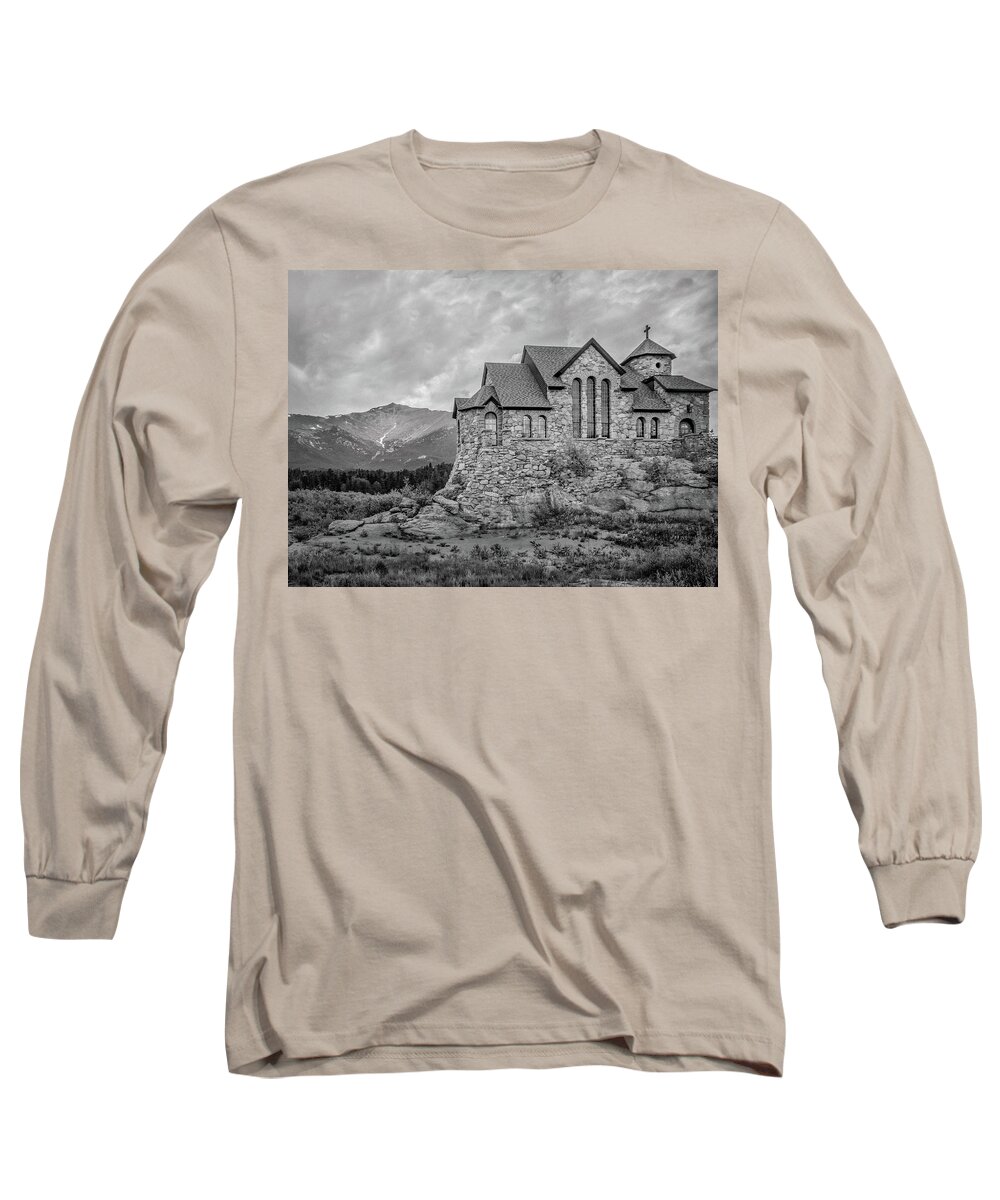 Estes Park Long Sleeve T-Shirt featuring the photograph Chapel On The Rock - Black and White by James Woody