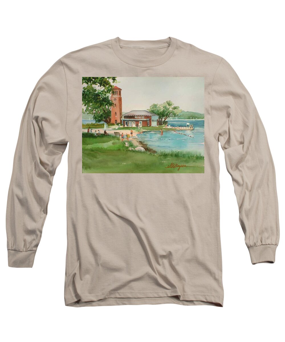 Chautauqua Institution Long Sleeve T-Shirt featuring the painting Chautauqua Bell Tower and Beach by Maryann Boysen