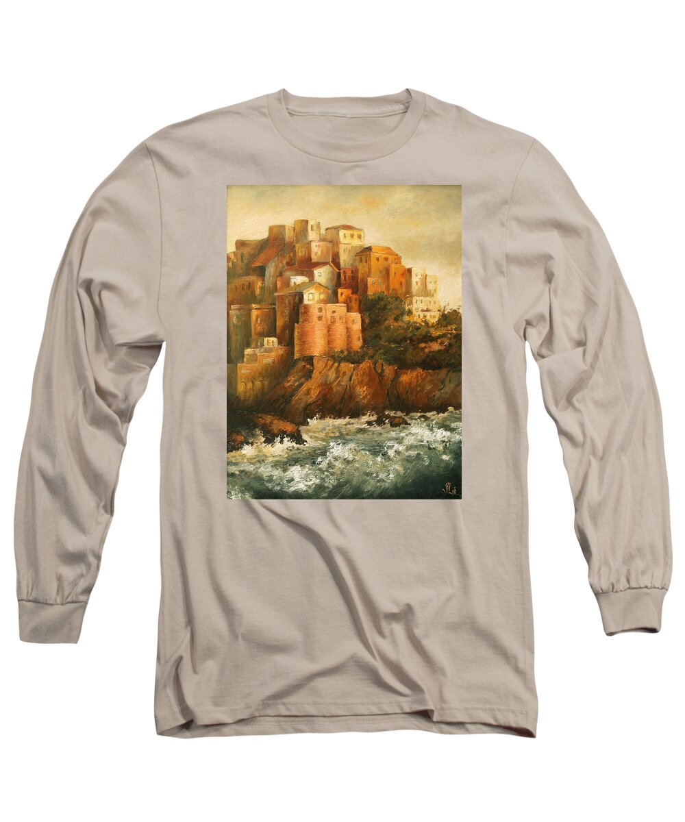 Manarola Long Sleeve T-Shirt featuring the painting Cinque Terre Lerici Italia painting by Vali Irina Ciobanu