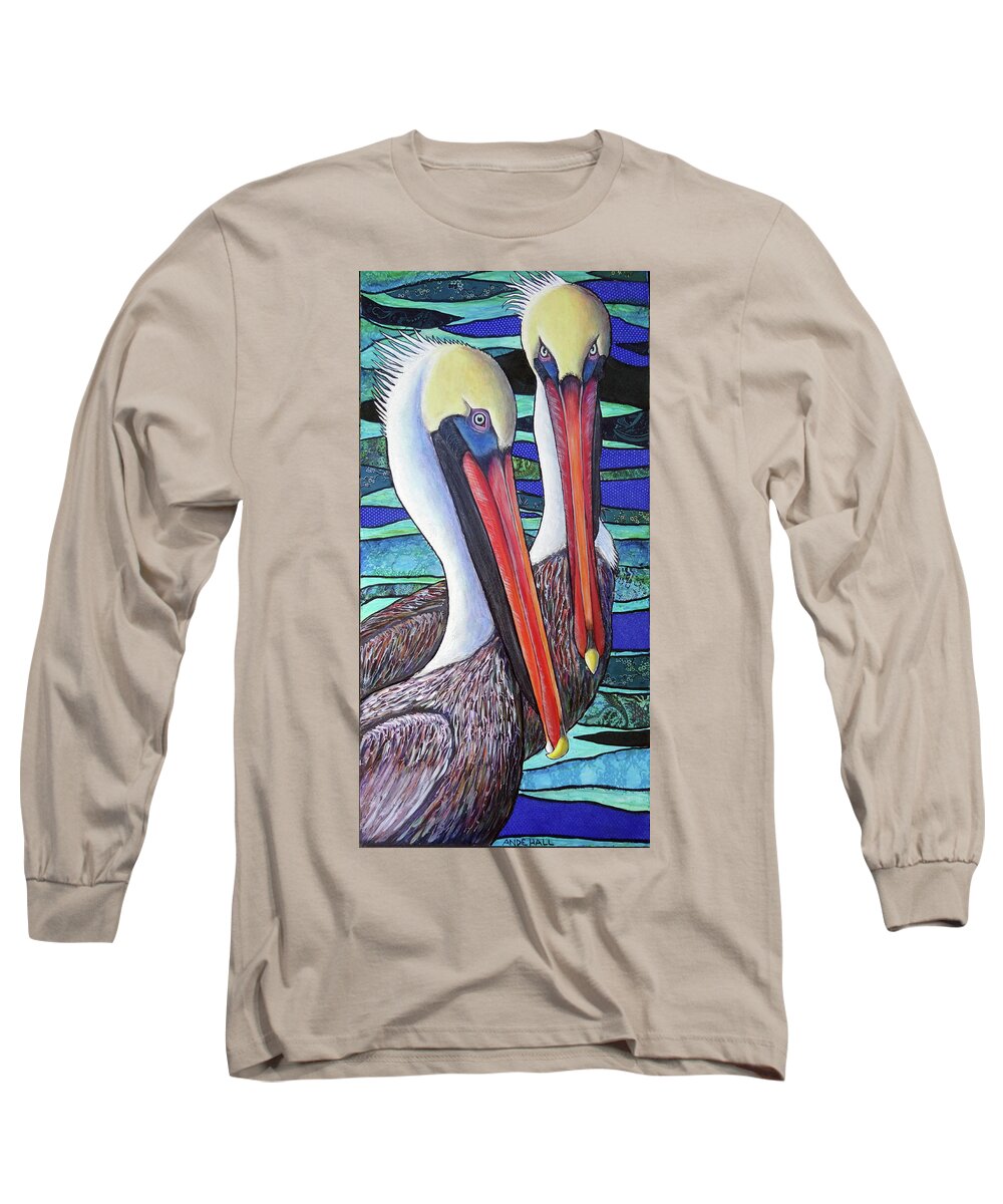 Pelican Long Sleeve T-Shirt featuring the painting Twice as Comically Elegant by Ande Hall