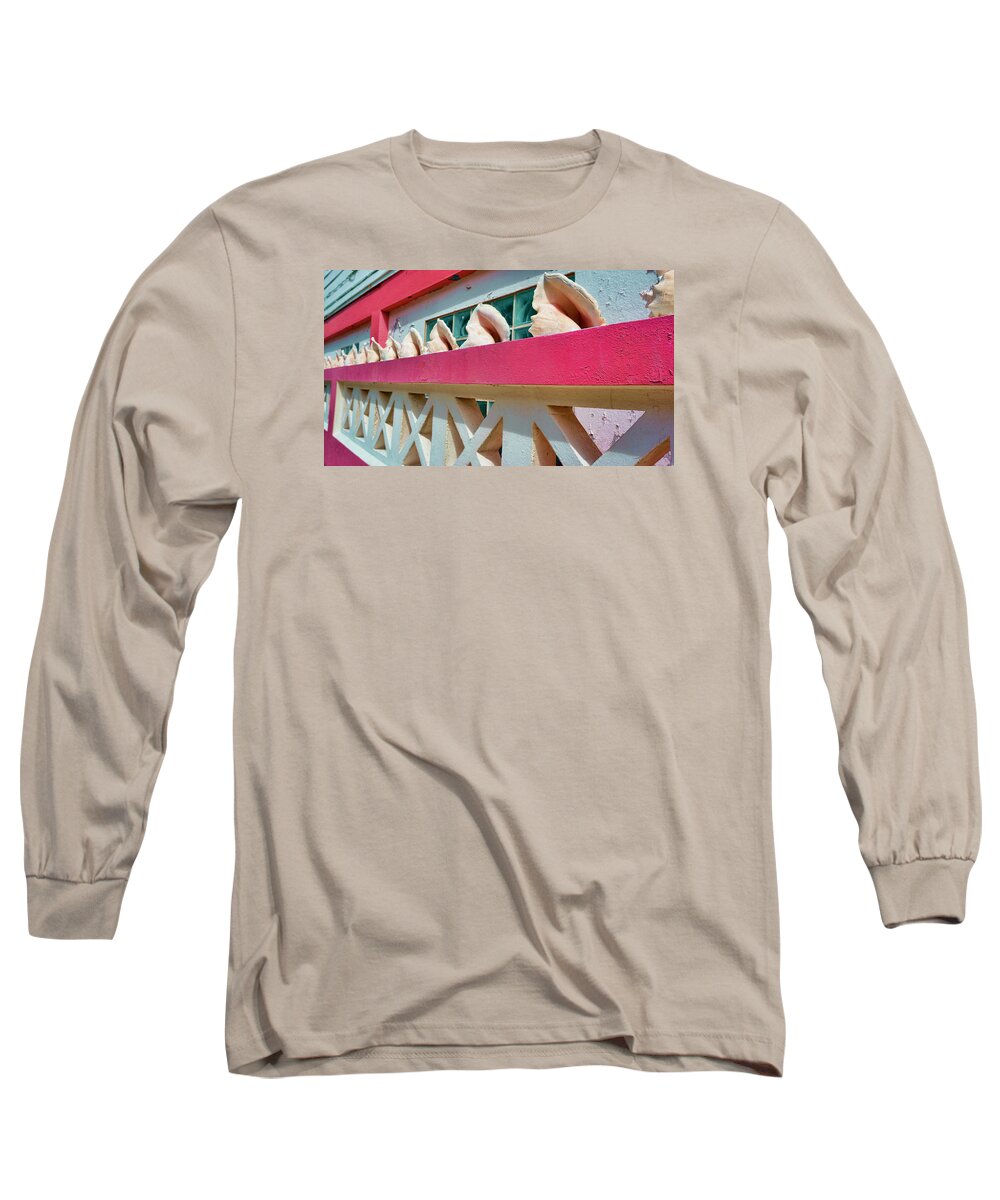 Belize Long Sleeve T-Shirt featuring the photograph Conch Shells on a Pink Wall - Ambergris Caye, Belize by Waterdancer