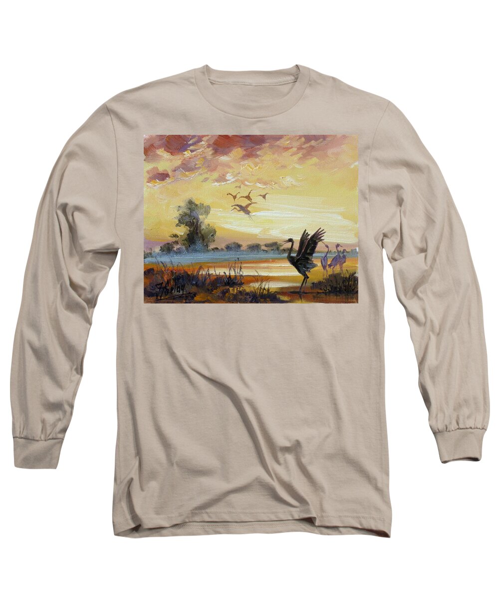 Cranes Long Sleeve T-Shirt featuring the painting Cranes - evening flight by Irek Szelag