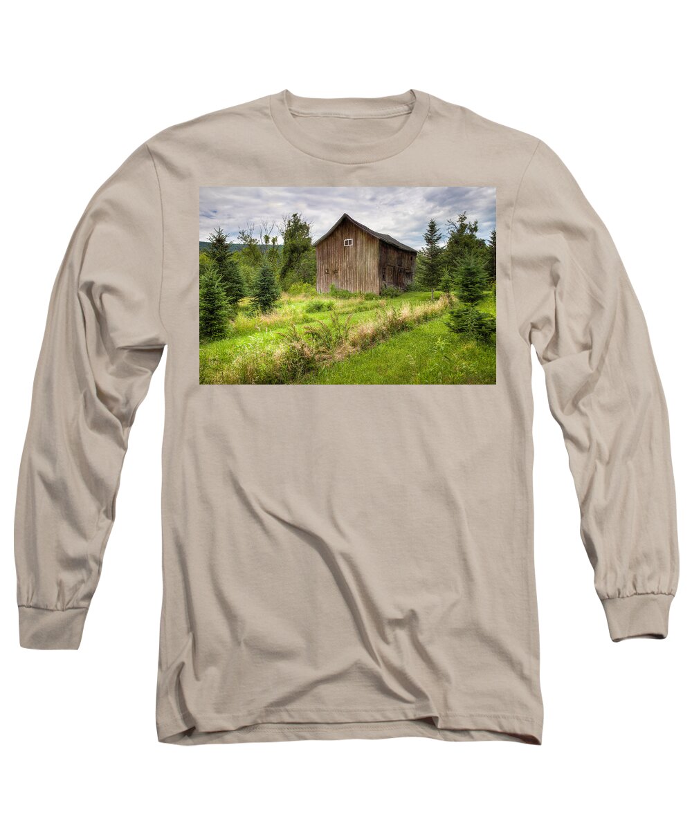 Old Barns Long Sleeve T-Shirt featuring the photograph Crooked Old Barn on South 21 - Finger Lakes New York State by Gary Heller