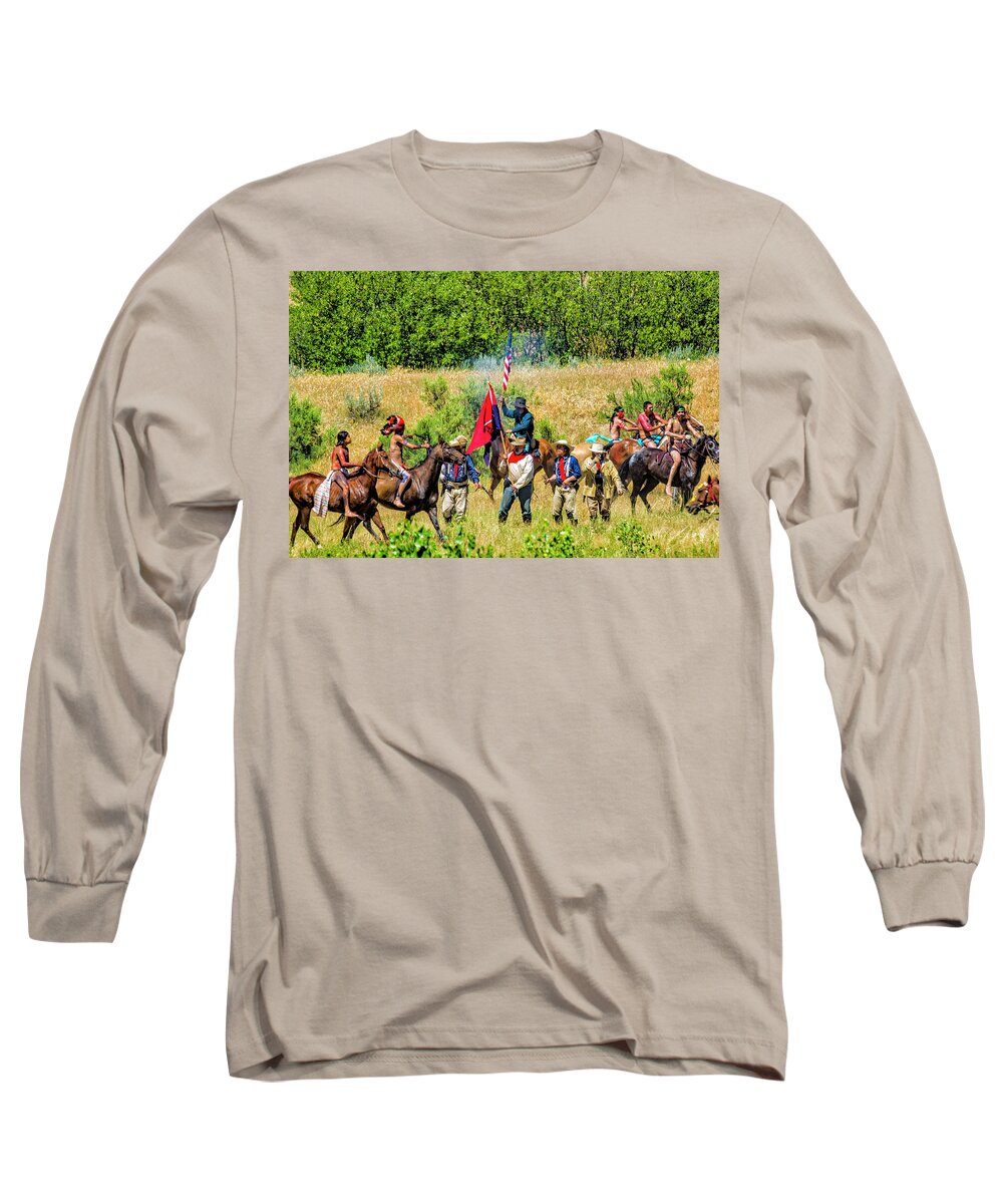 Little Bighorn Re-enactment Long Sleeve T-Shirt featuring the photograph Custer And His Troops Fighting The Indians 2 by Donald Pash