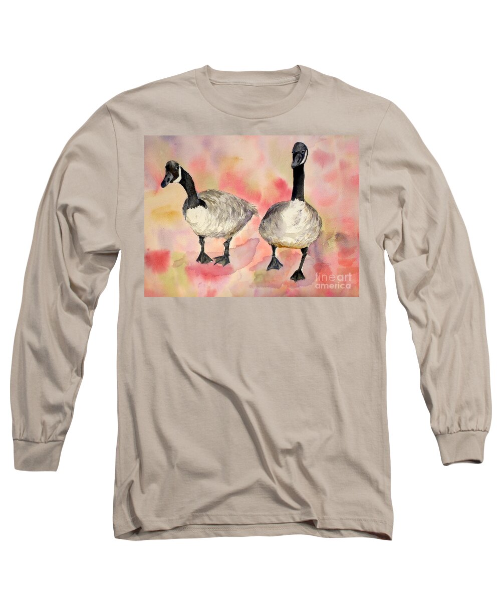 Geese Long Sleeve T-Shirt featuring the painting Dancing Geese by Vicki Housel