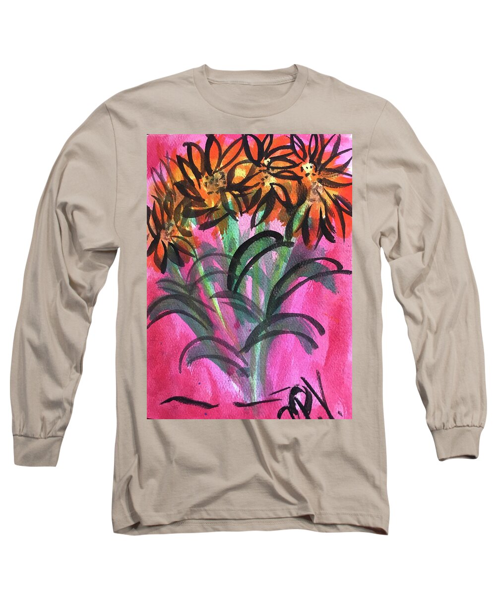 Dancing Sunflower Long Sleeve T-Shirt featuring the painting Dancing Sunflowers by Dottie Visker