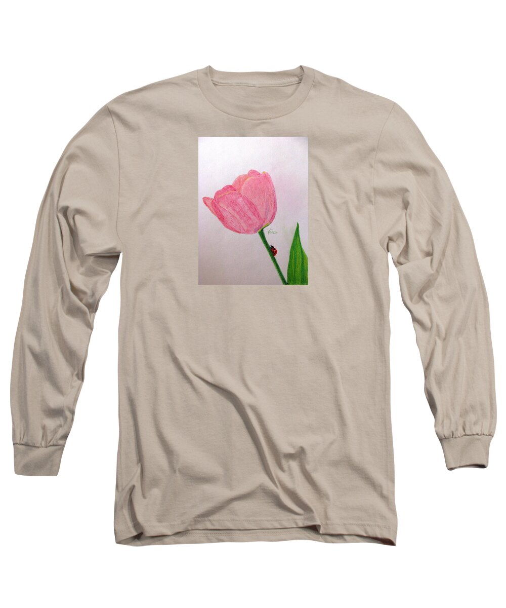 Pink Tulip Paintings Long Sleeve T-Shirt featuring the drawing Dawn In The Garden by Angela Davies