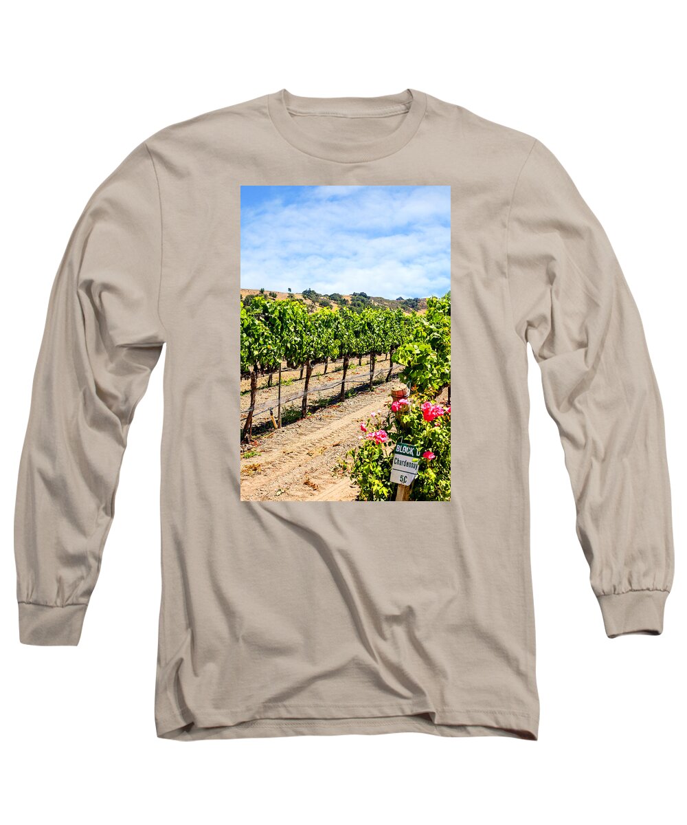 Vineyards; Foxen; Canyon; Ca; Vines; Winery; Golden; Country; Nature; Green; Landscape; Rural; Farm; Growing; Country; Summer; Wine; Agriculture; Grapes; Viticulture; Outdoor; Grape; Vine; Sun; Countryside; Field; Beauty; Plant; Fruit; Grow; Fresh; Scenic; Color; Sunny; Grapevine; Natural; Farming; Vintage; Row; Trees; Santa; Barbara; County; California; American; Usa Long Sleeve T-Shirt featuring the photograph Days of Vines and Roses by Chris Smith