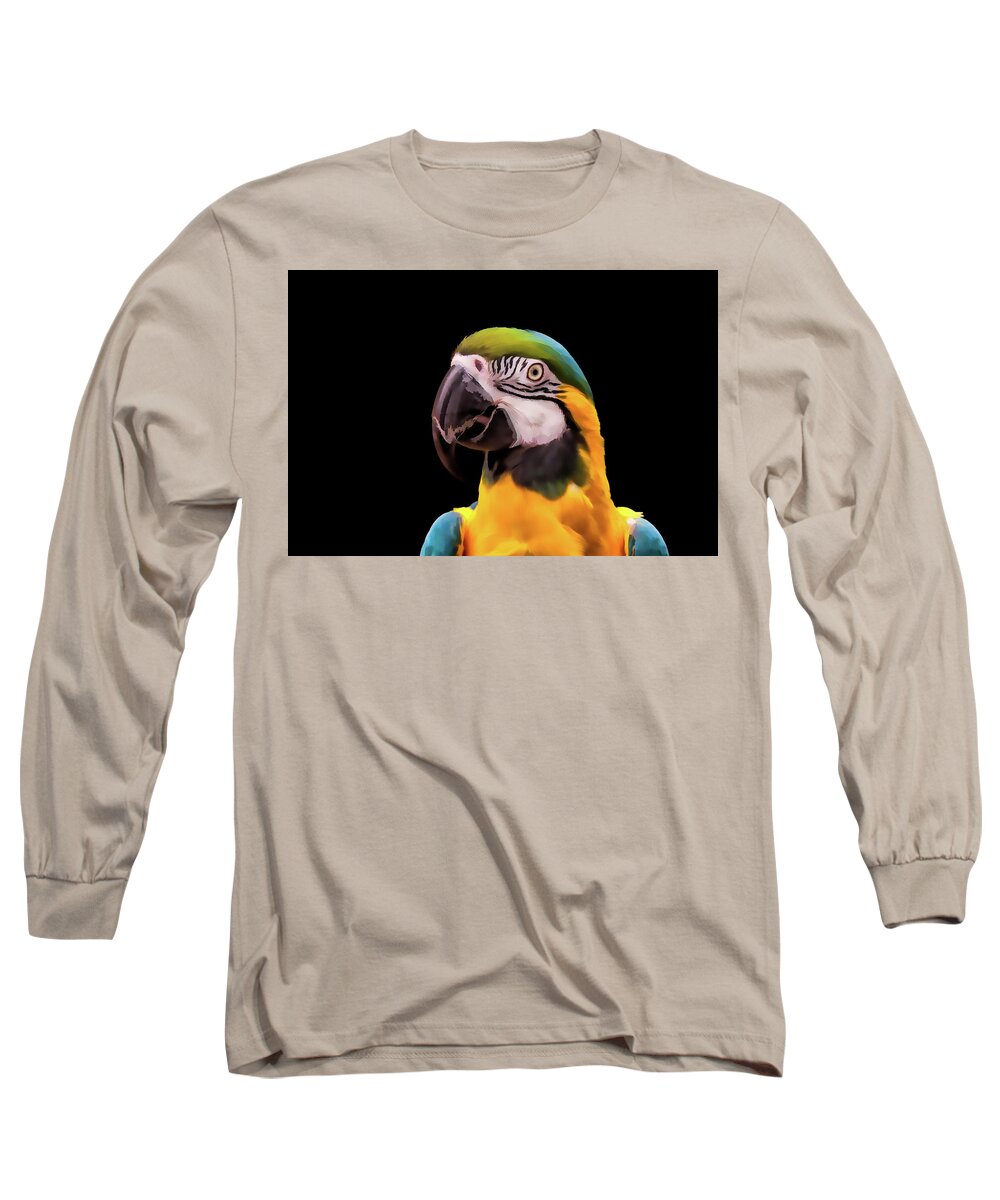 Animal Long Sleeve T-Shirt featuring the digital art Digital Painting of a Blue and Yellow Macaw Parrot by Tim Abeln