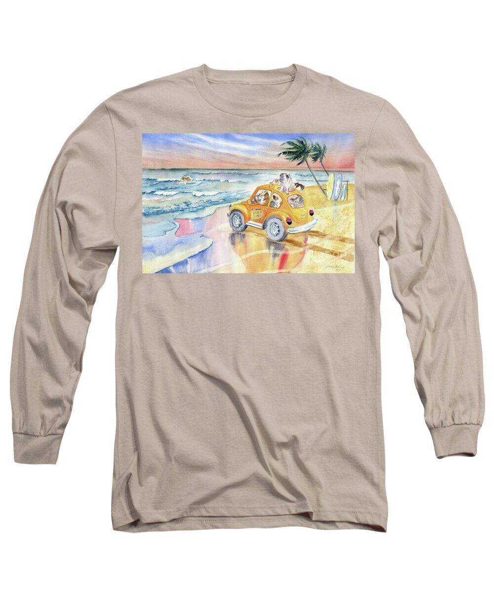Dogs Family At The Beach Long Sleeve T-Shirt featuring the painting Dogs Family At The Beach by Melly Terpening