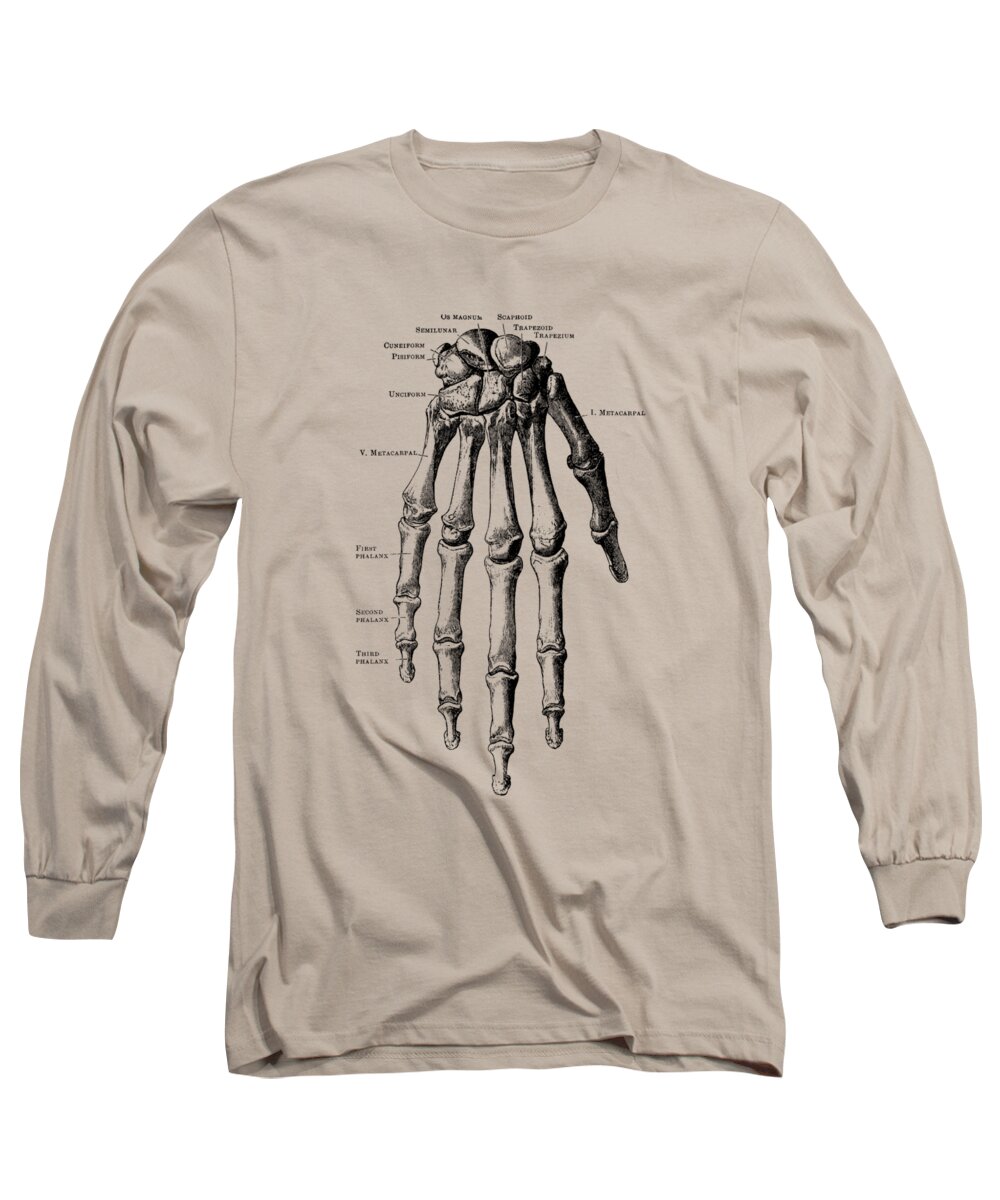 Skeleton Hand Long Sleeve T-Shirt featuring the drawing Down Facing Hand Skeletal Diagram - Anatomy Print by Vintage Anatomy Prints