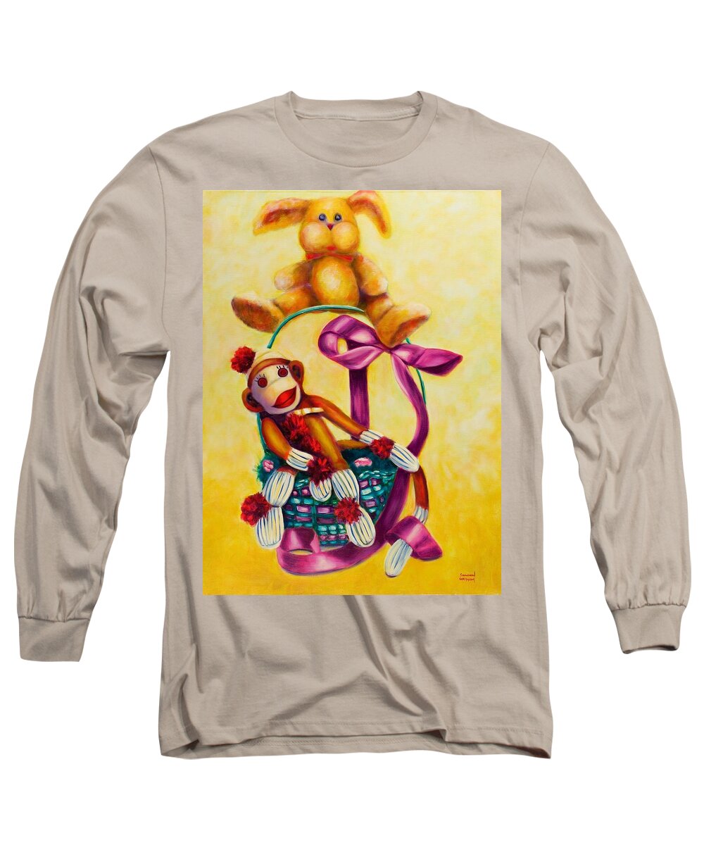 Easter Long Sleeve T-Shirt featuring the painting Easter Sock Monkey  by Shannon Grissom