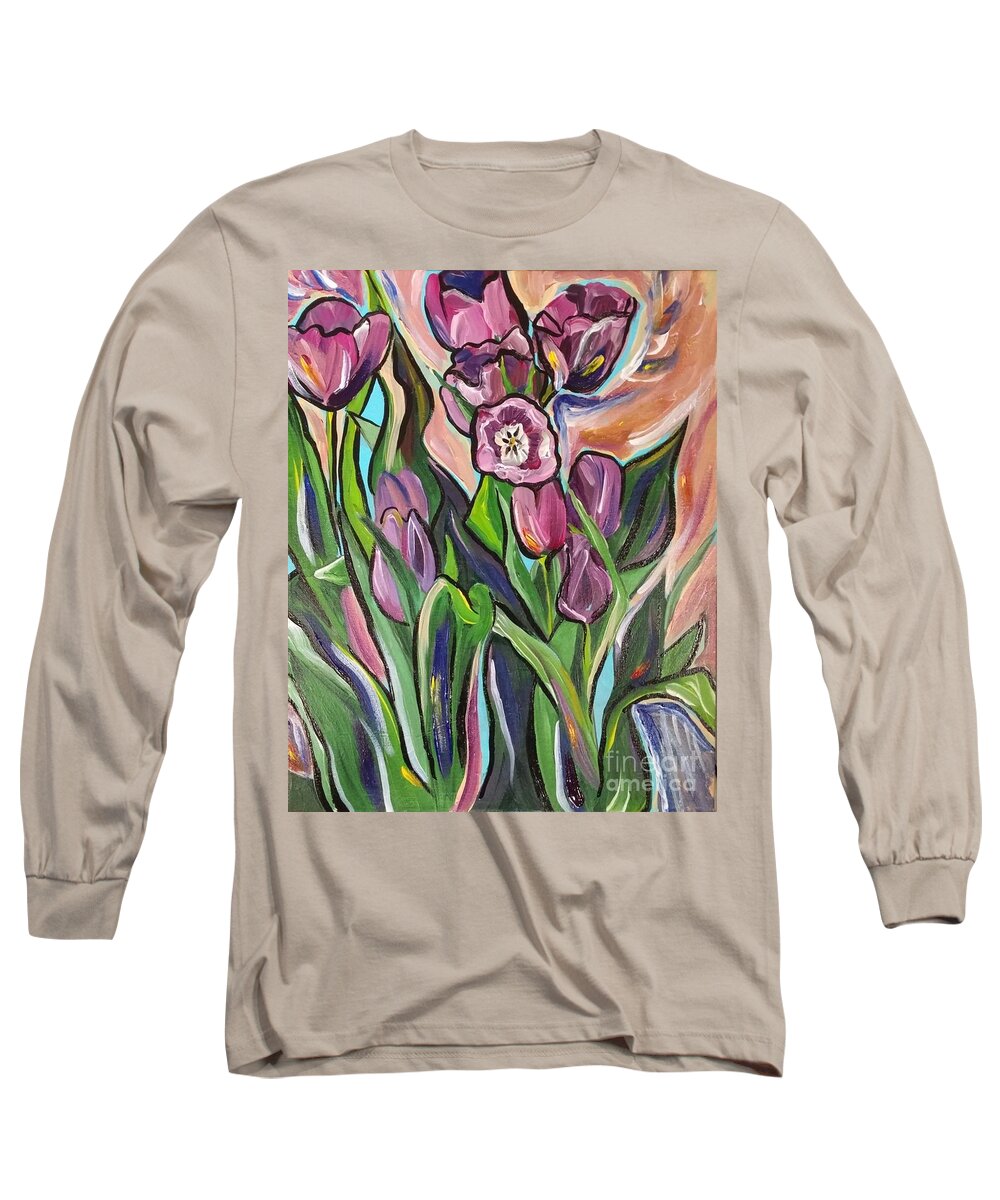 Flowers Long Sleeve T-Shirt featuring the painting Tulip Abstraction by Catherine Gruetzke-Blais