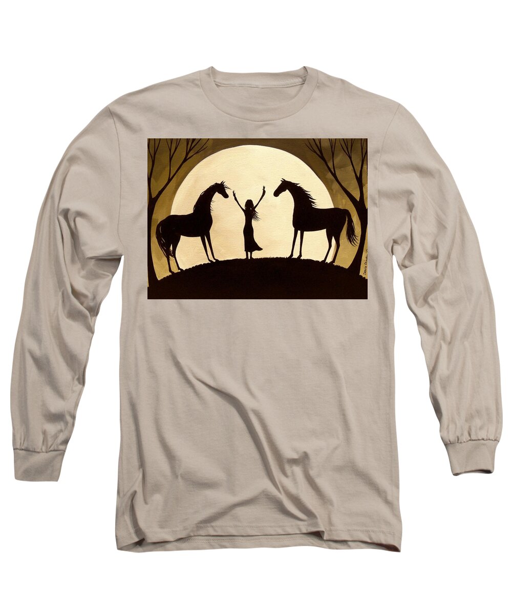 Silhouette Long Sleeve T-Shirt featuring the painting Eastern Breeze - horse moon silhouette by Debbie Criswell