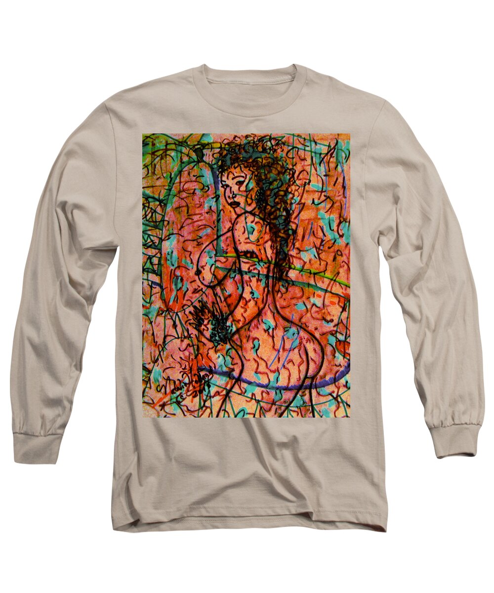 Nude Long Sleeve T-Shirt featuring the mixed media Erotic Nude 1 by Natalie Holland