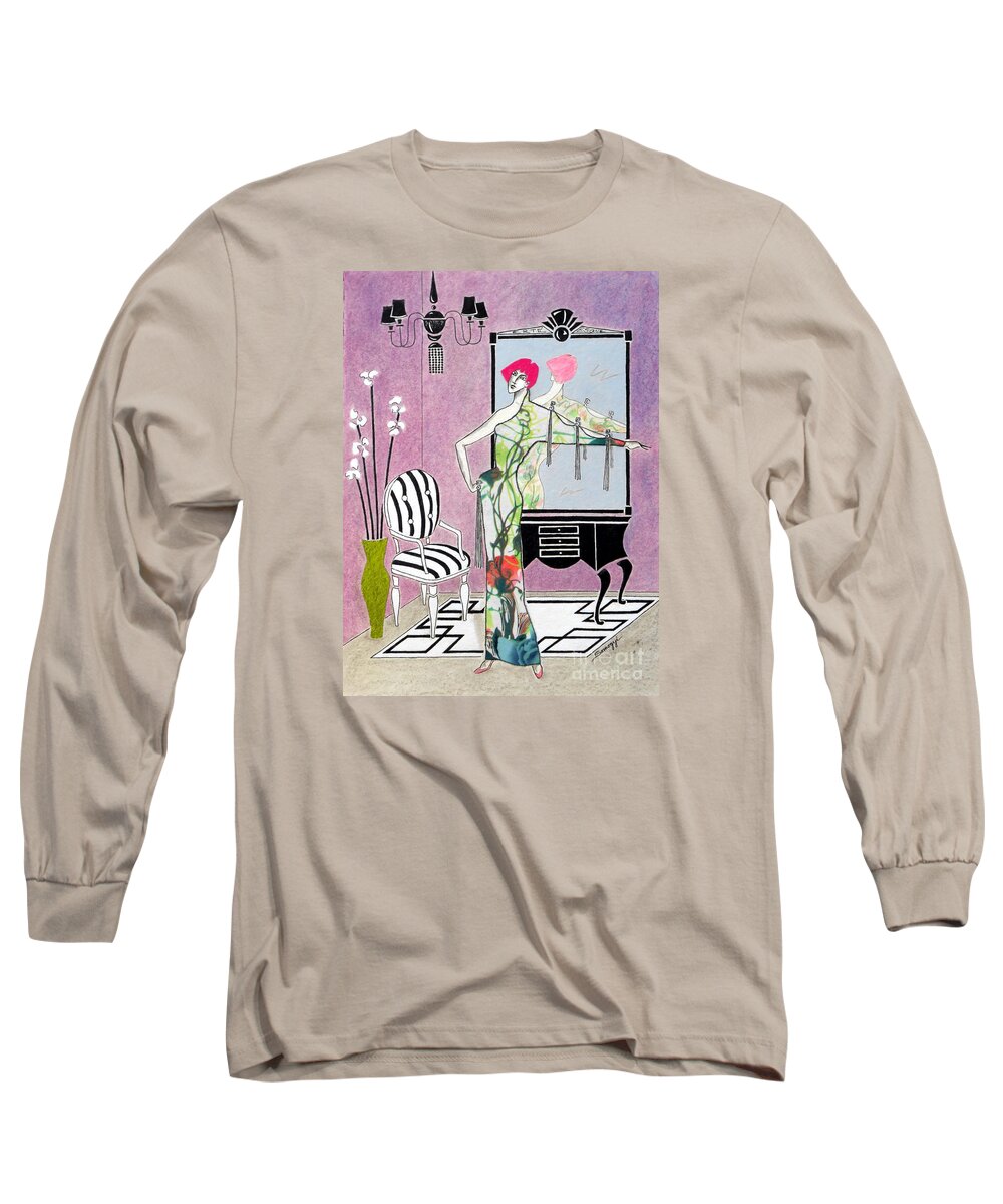 Art Deco Long Sleeve T-Shirt featuring the painting Erte'-esque -- Art Deco Interior w/ Fashion Figure by Jayne Somogy