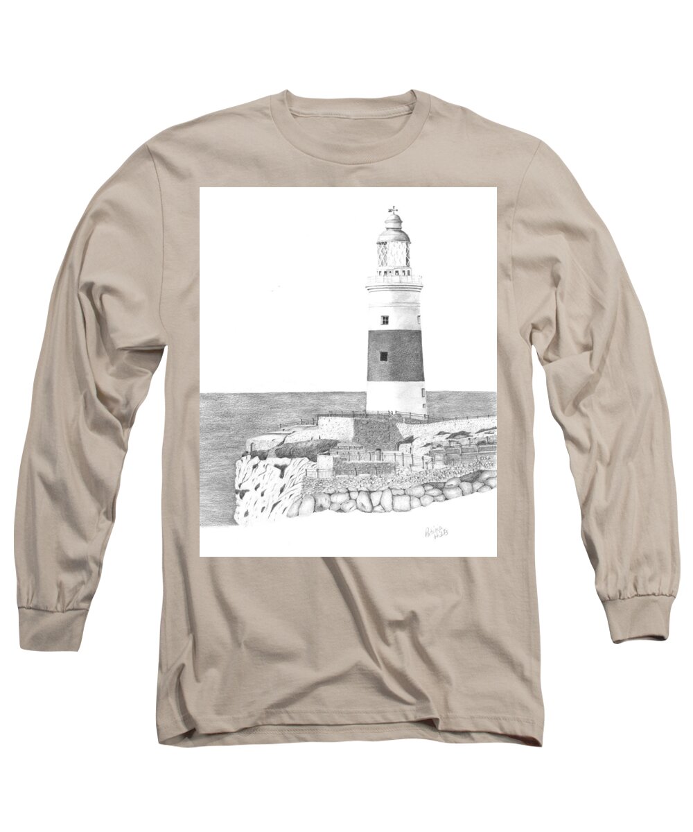 Lighthouse Long Sleeve T-Shirt featuring the drawing Europa Point Lighthouse by Patricia Hiltz