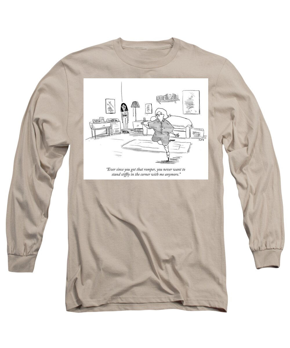 Exercise Long Sleeve T-Shirt featuring the drawing Ever since you got that romper you never want to stand stiff by Sara Lautman