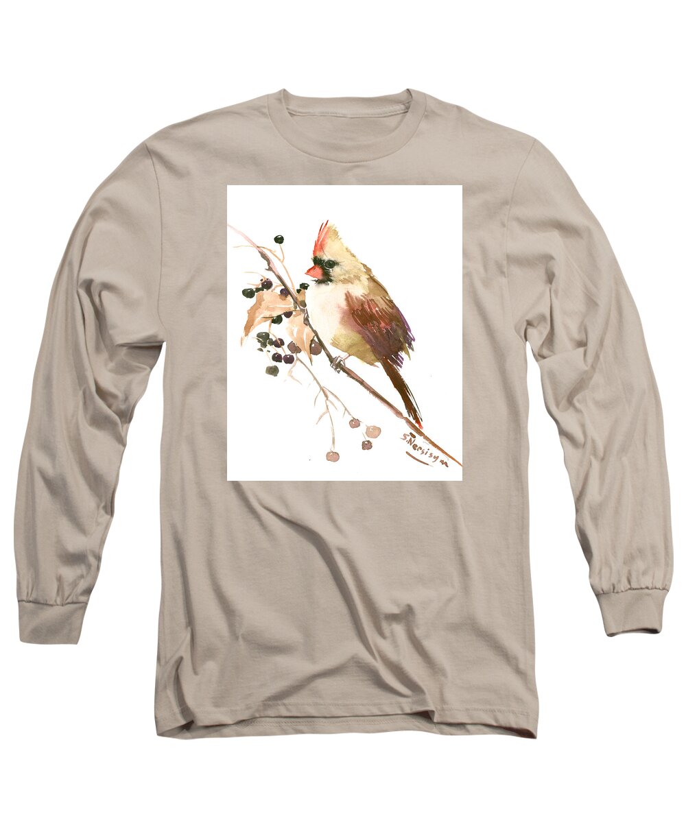 Cardinal Bird Long Sleeve T-Shirt featuring the painting Female Cardinal Bird by Suren Nersisyan