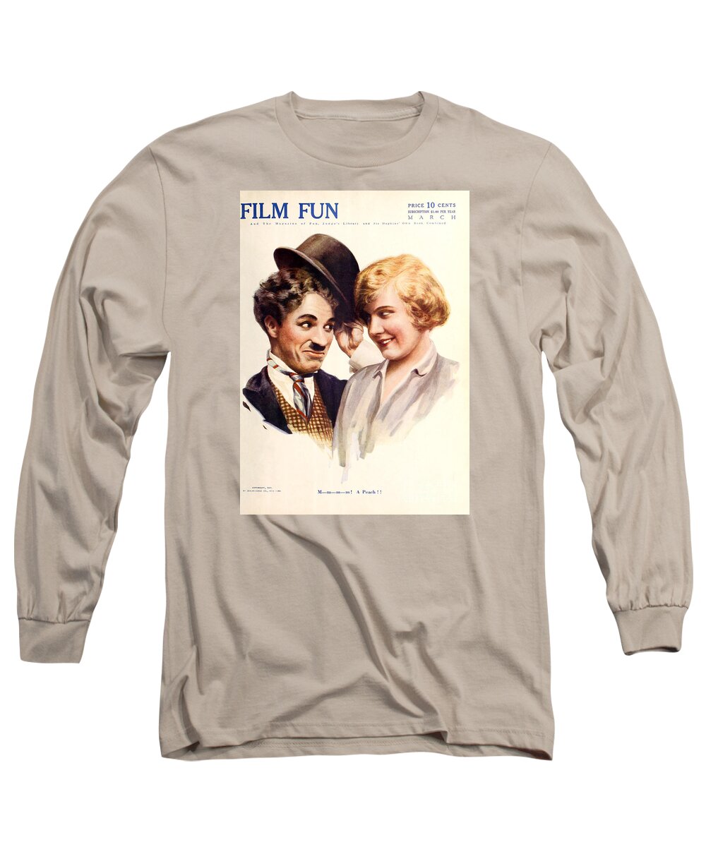 Film Long Sleeve T-Shirt featuring the painting Film Fun Classic Comedy Magazine Featuring Charlie Chaplin and Girl 1916 by Vintage Collectables