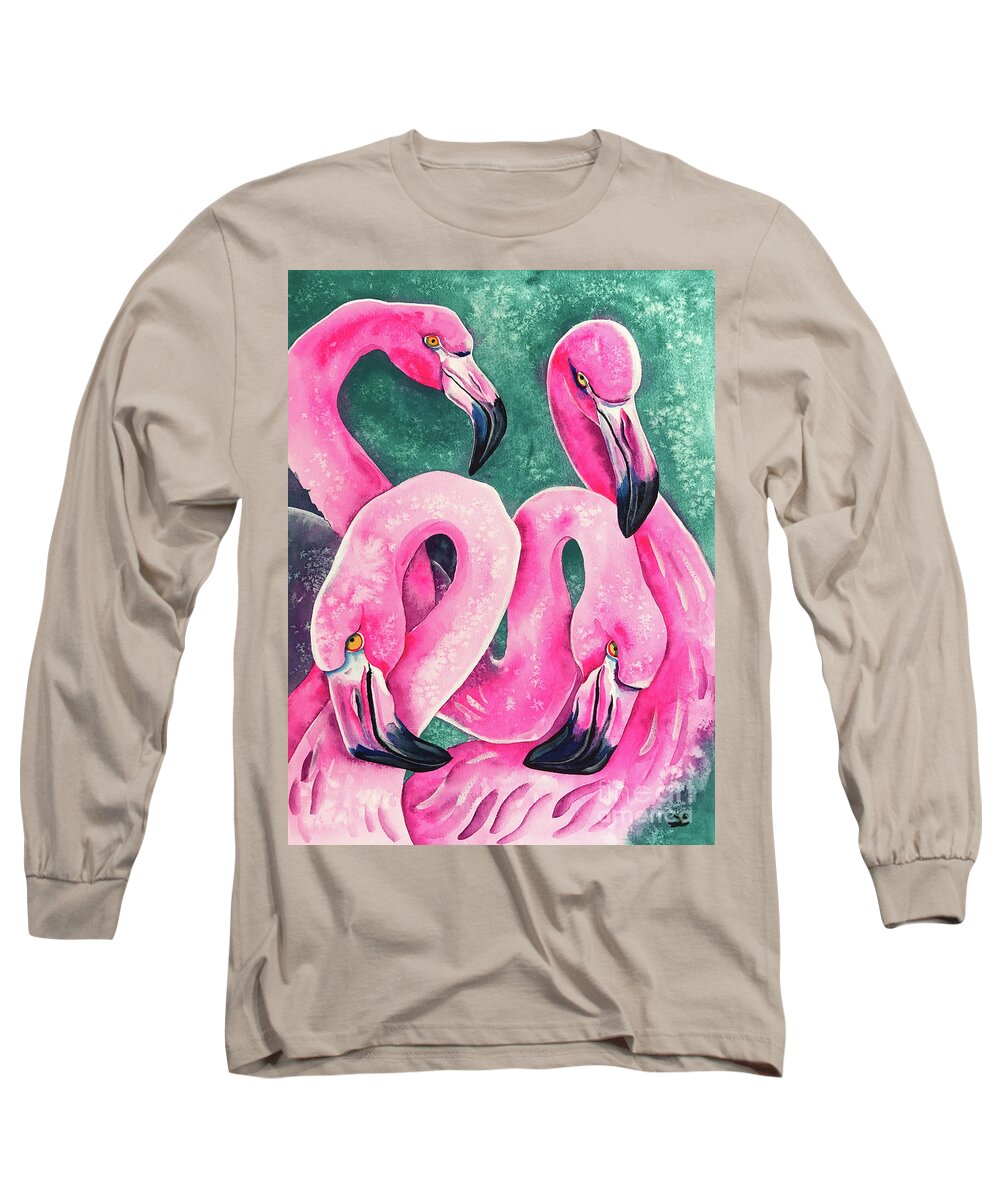 Flamingo Long Sleeve T-Shirt featuring the painting Flamingo Magic by Zaira Dzhaubaeva