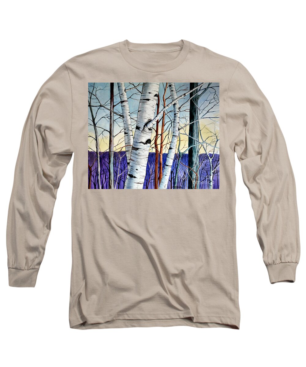 Birch Long Sleeve T-Shirt featuring the painting Forest of trees by Christopher Shellhammer