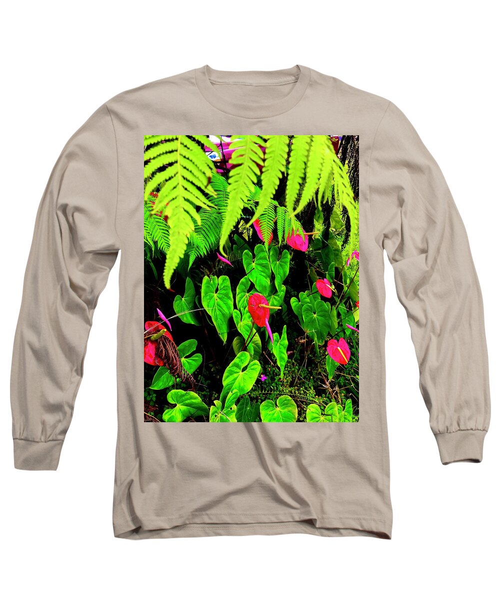#anthuriums #flowersofaloha #francis #fern #aloha -#hawaii Long Sleeve T-Shirt featuring the photograph Francis Anthuriums with Fern by Joalene Young