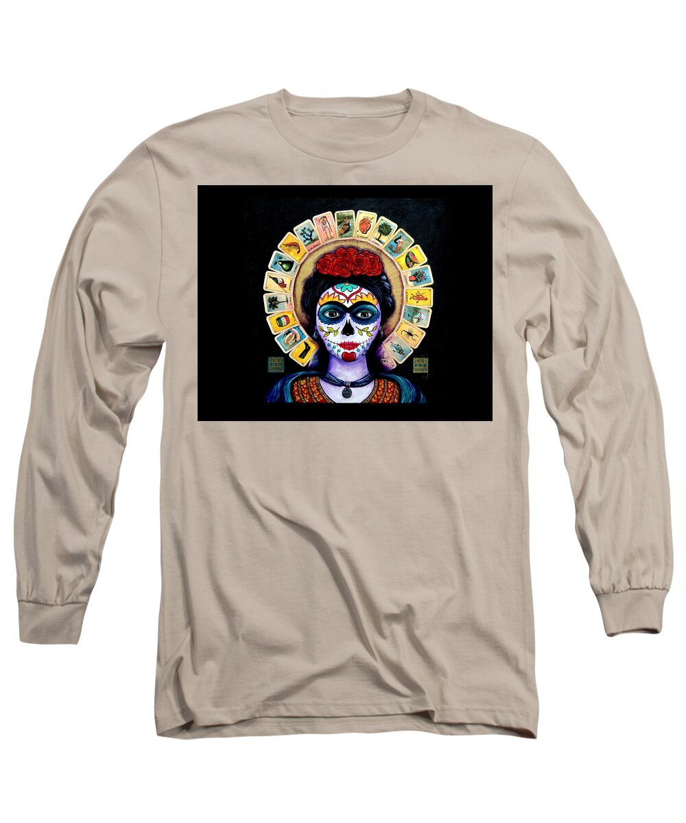 Dia De Los Muertos Long Sleeve T-Shirt featuring the painting Frida Loteria by Candy Mayer