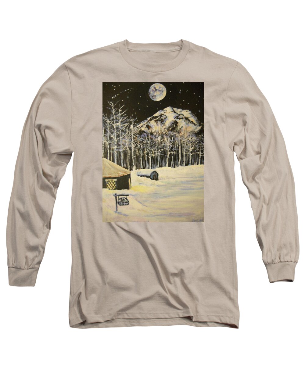 Moon Long Sleeve T-Shirt featuring the painting Full Moon at the Sundance Nordic Center by Cami Lee