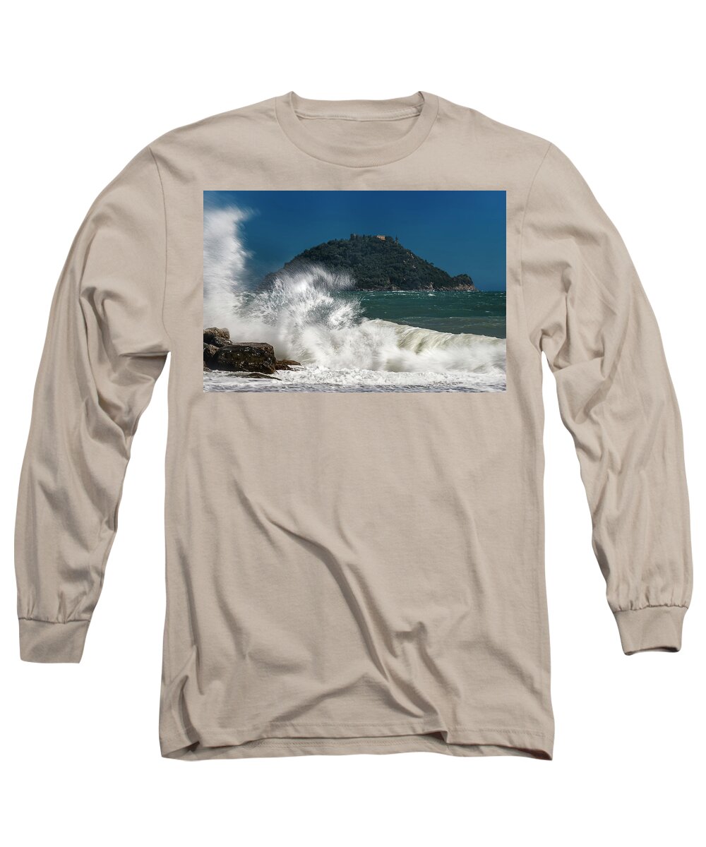 Passeggiatealevante Long Sleeve T-Shirt featuring the photograph GALLINARA ISLAND SEASTORM - MAREGGIATA ALl'ISOLA GALLINARA by Enrico Pelos