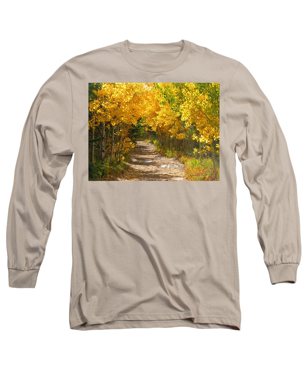 Fall Autumn Walk Path Hike Aspen Rocky Mountains Goldhill Sunny Long Sleeve T-Shirt featuring the photograph Golden tunnel by George Tuffy