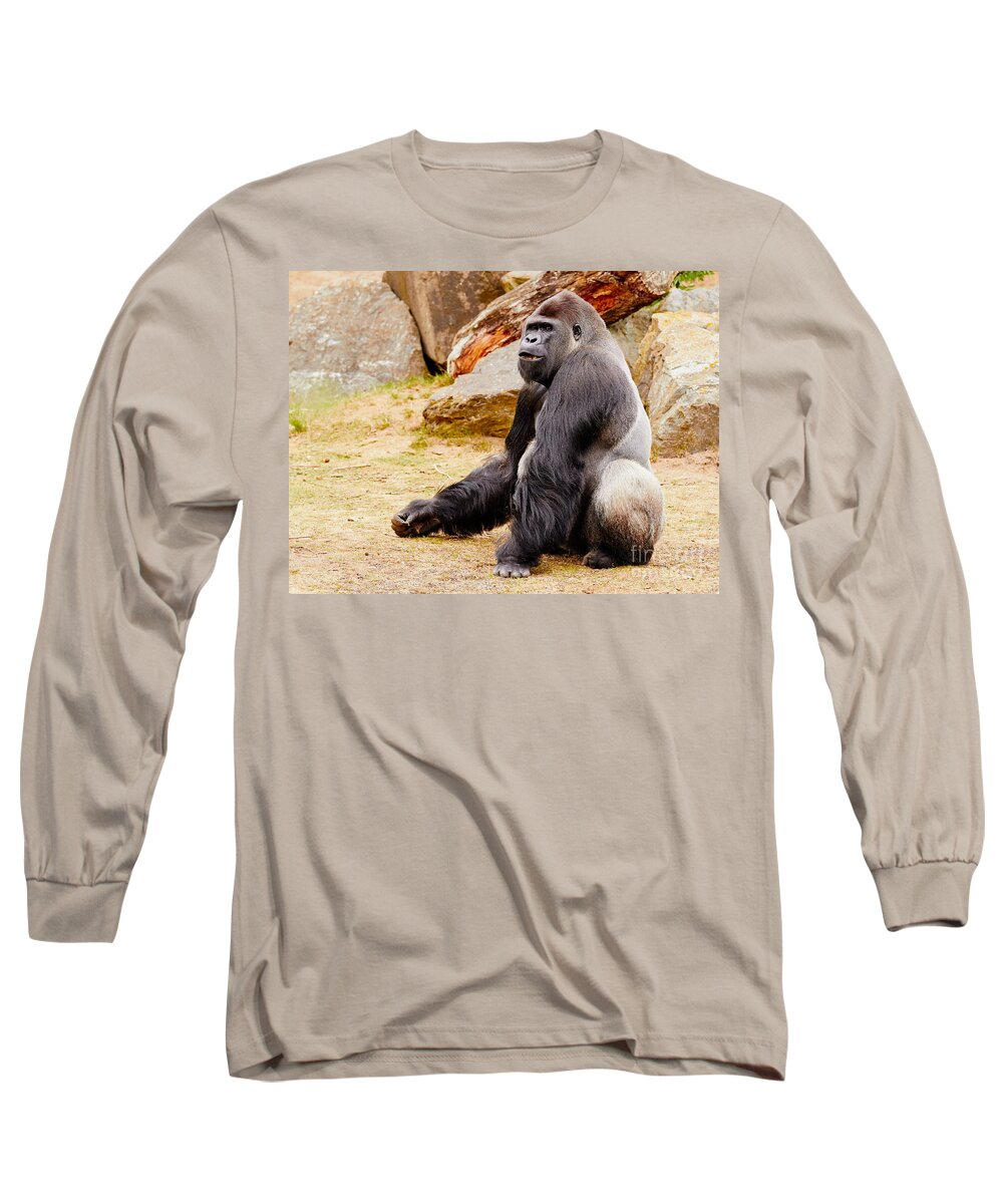 Gorilla Long Sleeve T-Shirt featuring the photograph Gorilla sitting upright by Nick Biemans