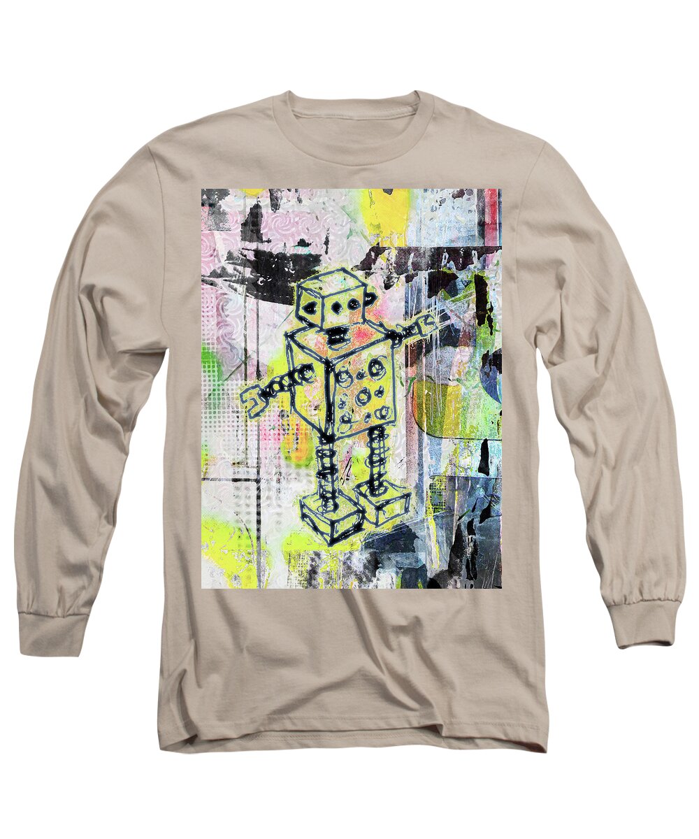 Robot Long Sleeve T-Shirt featuring the digital art Graffiti Graphic Robot by Roseanne Jones