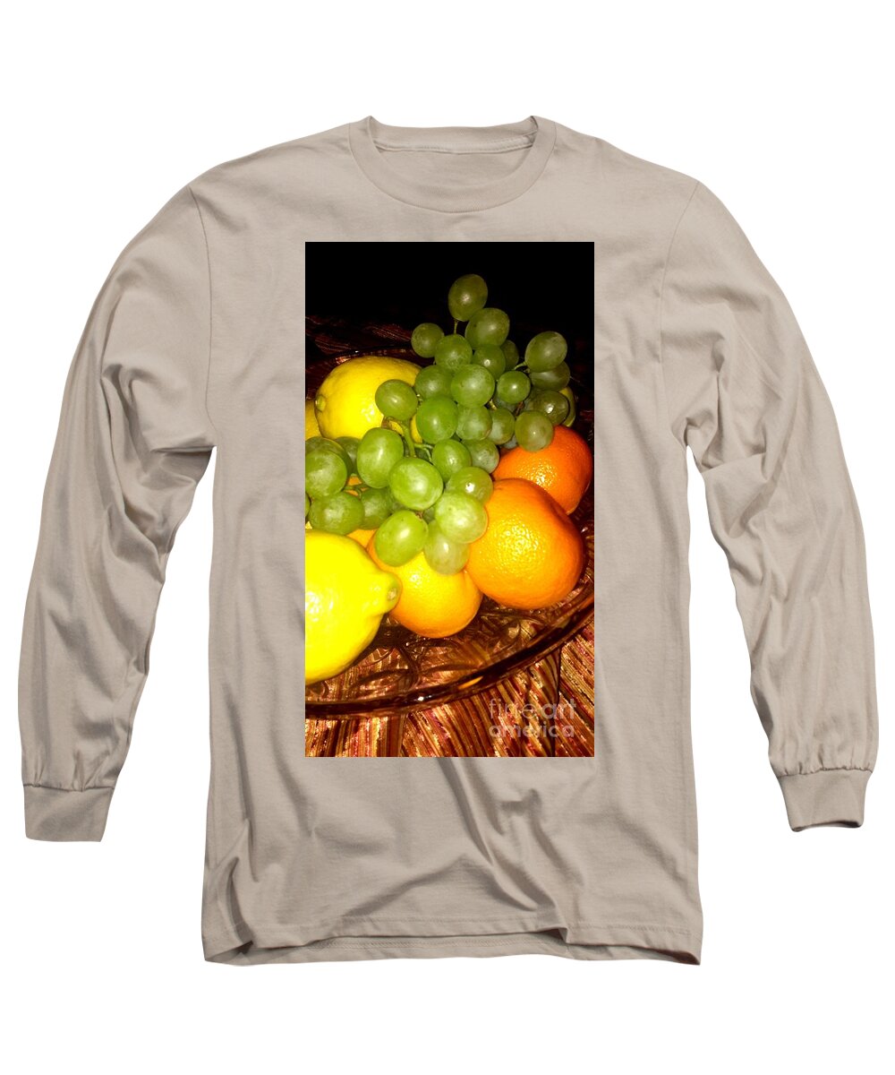  Grapes Long Sleeve T-Shirt featuring the photograph Grapes, mandarins, lemons by Oksana Semenchenko