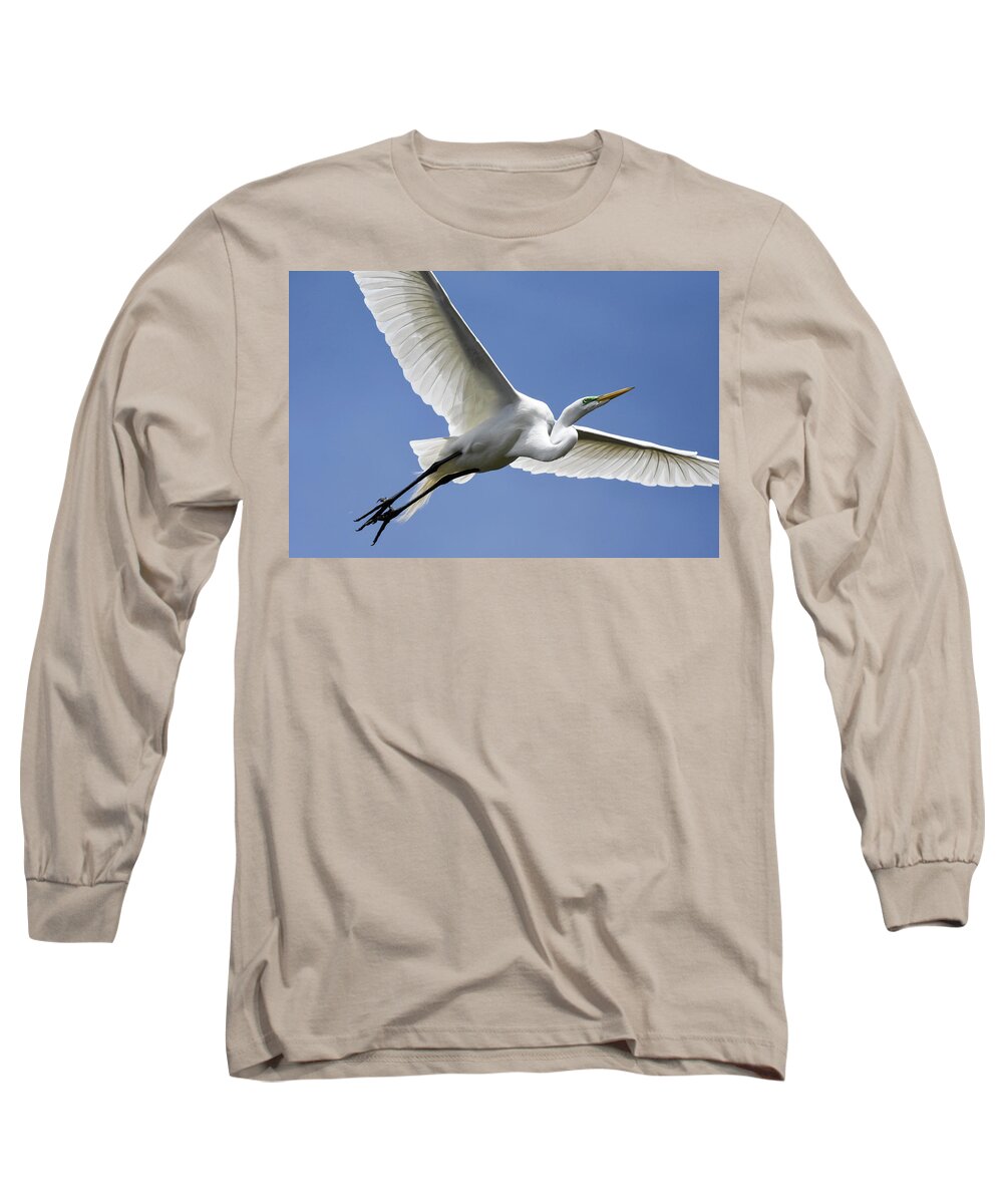 Birds Long Sleeve T-Shirt featuring the photograph Great Egret Soaring by Gary Wightman