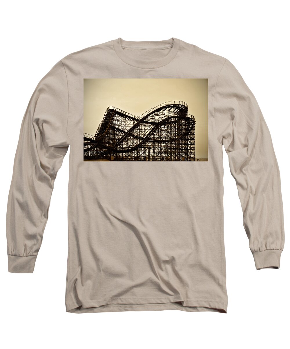 Great White Long Sleeve T-Shirt featuring the photograph Great White Roller Coaster - Adventure Pier Wildwood NJ in Sepia by Bill Cannon
