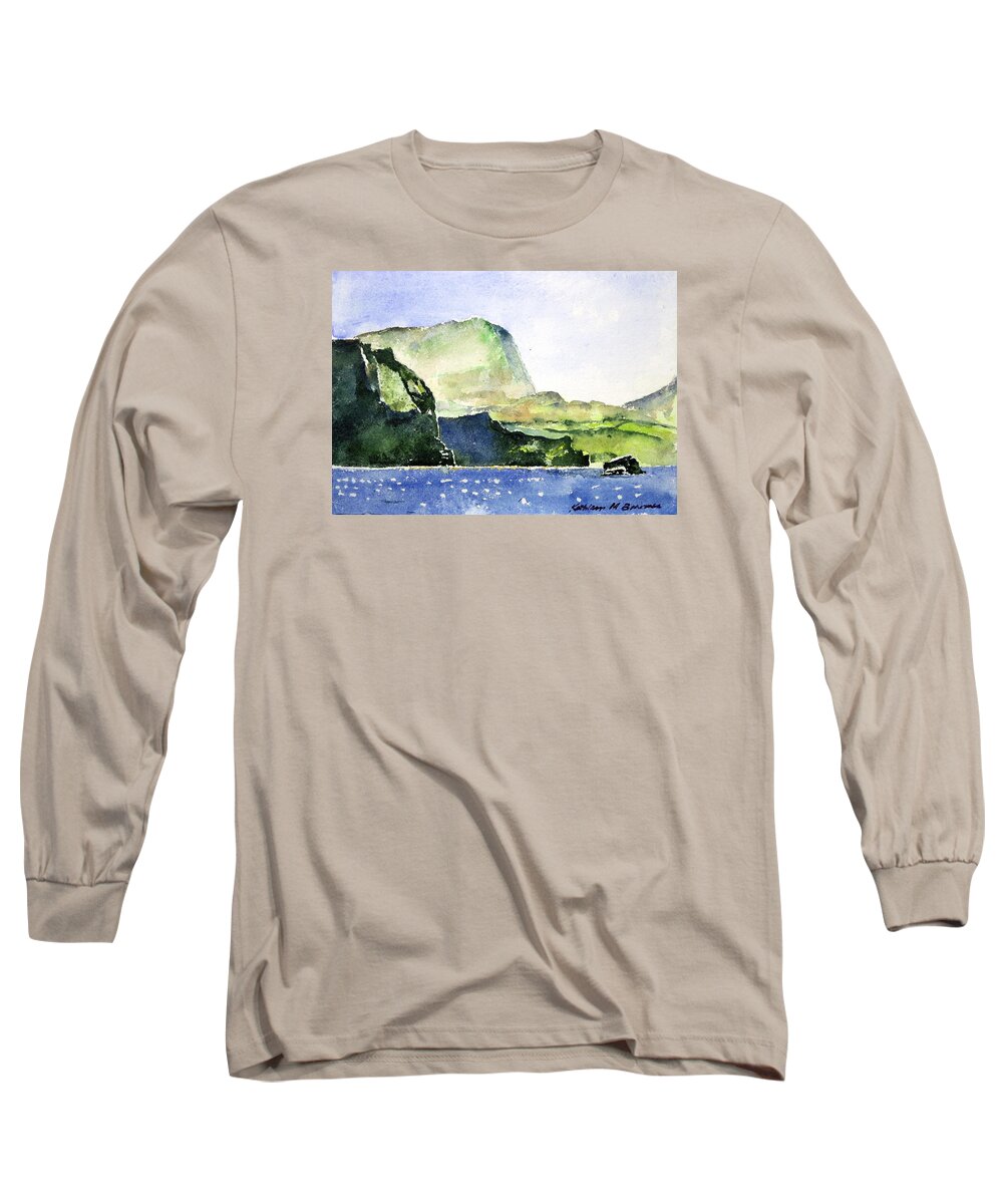  Long Sleeve T-Shirt featuring the painting Green Cliffs and Sea by Kathleen Barnes
