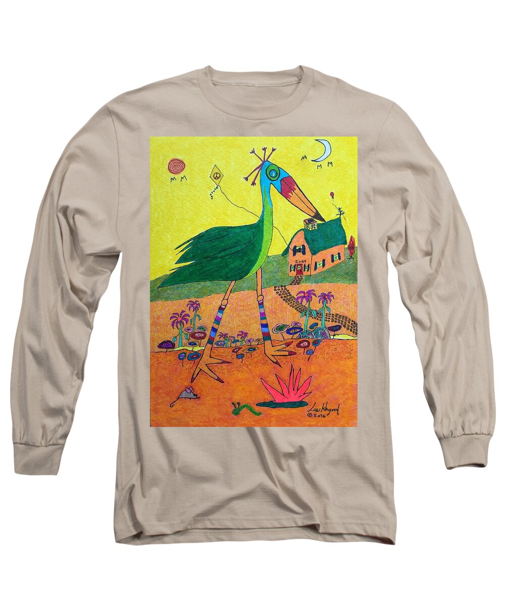 Hagood Long Sleeve T-Shirt featuring the painting Green Crane with Leggings and Painted Toes by Lew Hagood