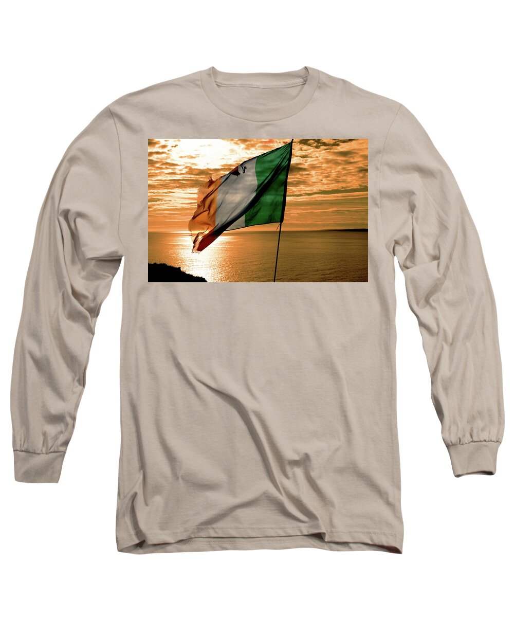 Ireland Long Sleeve T-Shirt featuring the photograph Flag Of Ireland At The Cliffs Of Moher by Aidan Moran