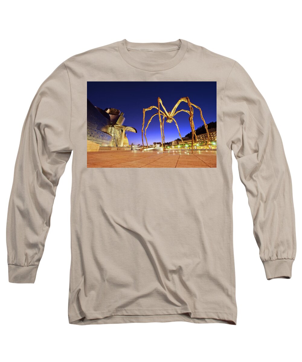 Guggenheim Long Sleeve T-Shirt featuring the photograph Guggenheim museum and spider at night in Bilbao by Mikel Martinez de Osaba