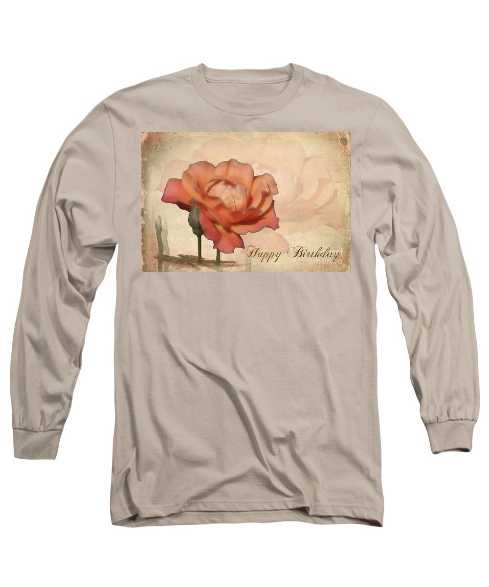 Flower Long Sleeve T-Shirt featuring the photograph Happy Birthday Peach Rose Card by Teresa Zieba