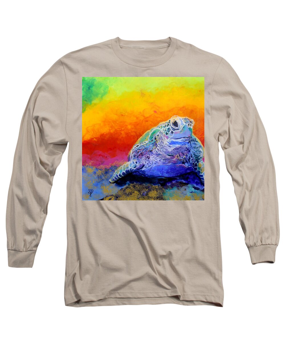 Sea Turtle Long Sleeve T-Shirt featuring the painting Hawaiian Honu 4 by Marionette Taboniar
