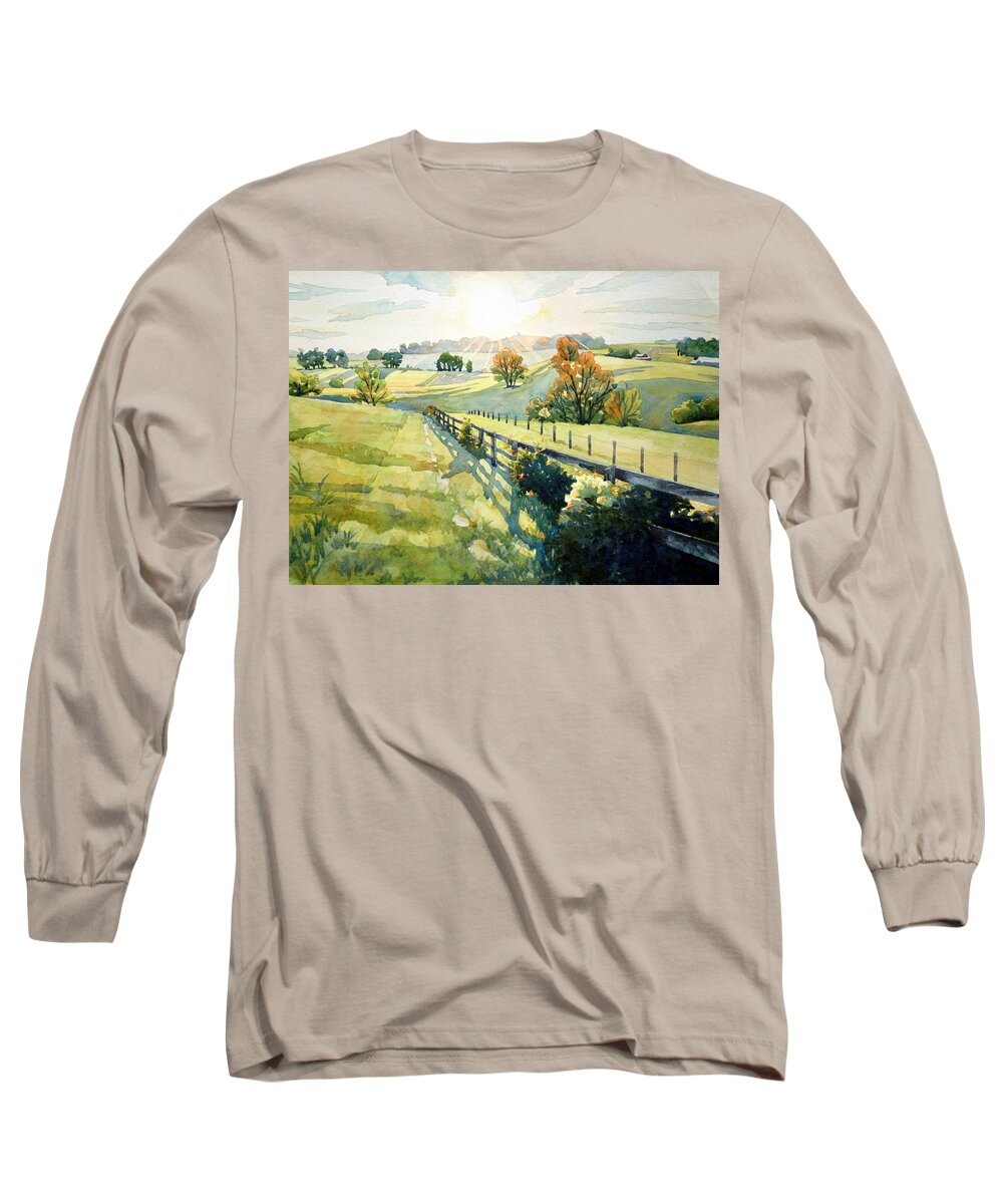 #nature #watercolor #landscape #watercolorpainting #sunset #rollinghills #art #artist #painting #maryland #country #farm Long Sleeve T-Shirt featuring the painting Heavenly Light by Mick Williams