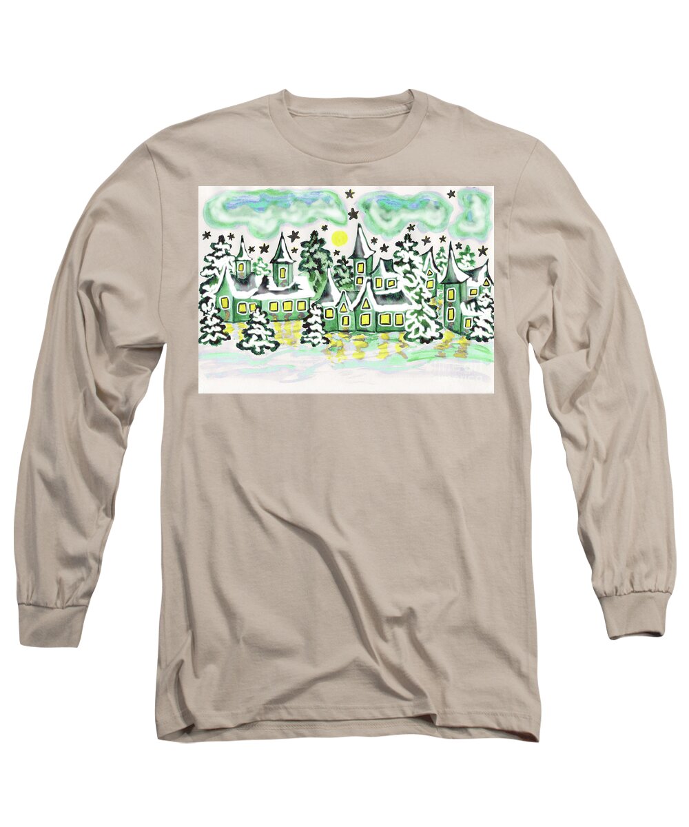 Christmas Long Sleeve T-Shirt featuring the painting Houses in green colours, painting by Irina Afonskaya