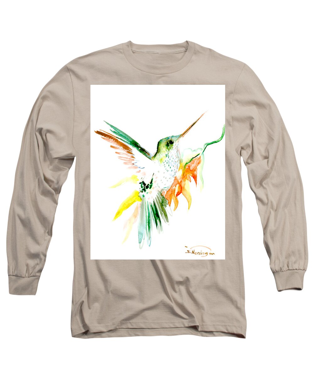 Green Red Long Sleeve T-Shirt featuring the painting Hummingbird Green orange red by Suren Nersisyan