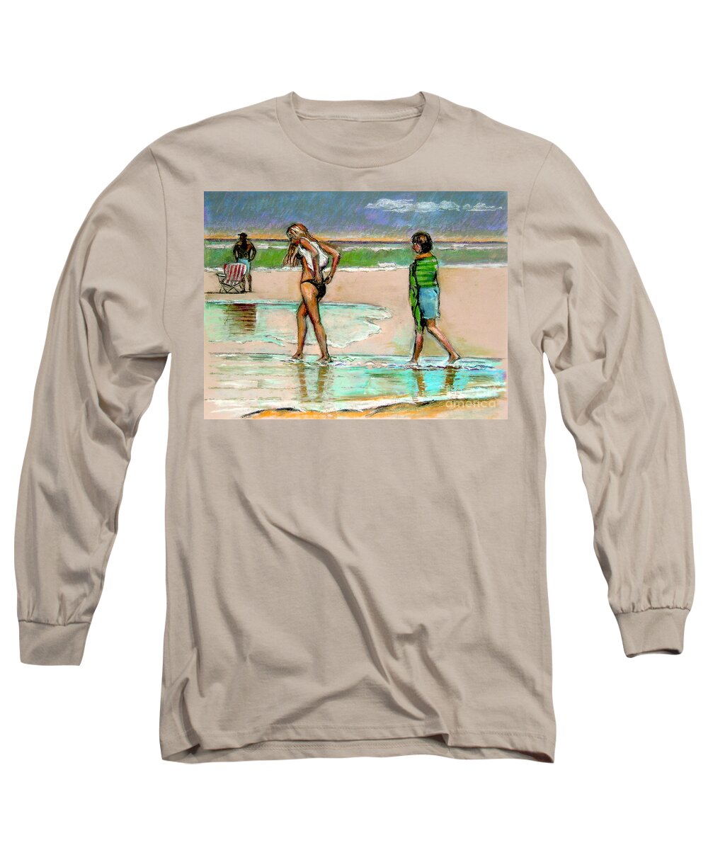 Beach Scene Long Sleeve T-Shirt featuring the pastel I Hope The Sun Comes Out by Stan Esson